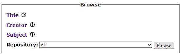 Browse box with clickable links to browse by title of collection, creator, subject, and repository.