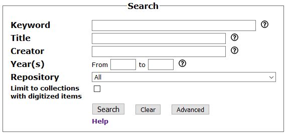 Search box with fields including keyword, title, creator, year, repository, and limit to digitized collections checkbox.